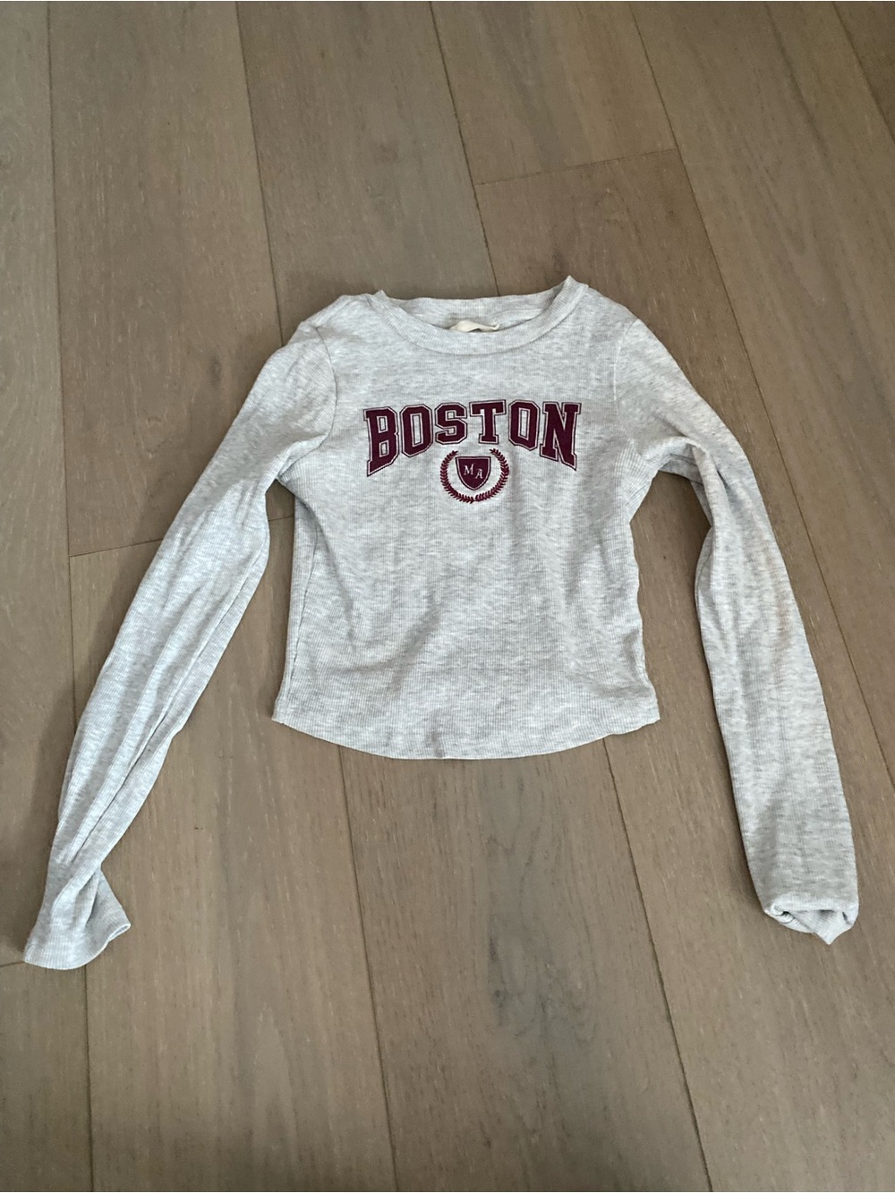 like new - Boston Graphic Long-Sleeve Crop Top - Light Gray